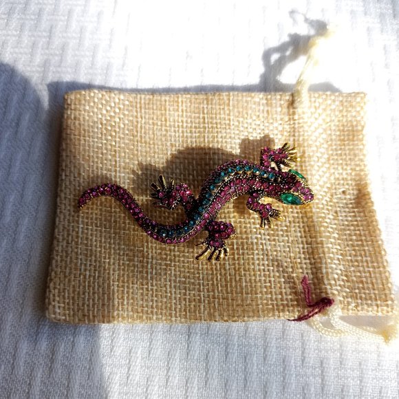 Pink Blue Lizard Rhinestone Pin Broach - Picture 3 of 3
